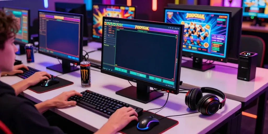 Engaging online gaming scene focusing on akunjp slot games with vibrant screens and gaming gear.