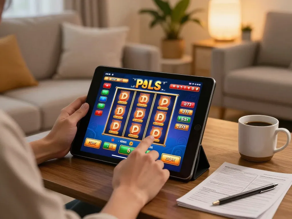 Bermain slot pulsa yang menarik dari kenyamanan rumah menggunakan tablet dengan catatan strategi di dekatnya