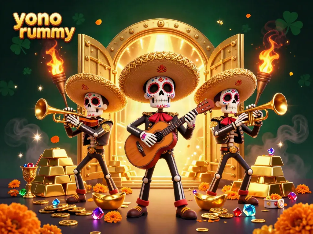 Perjudian seru dengan yono rummy di latar belakang pemain mariachi yang bermain musik dalam suasana meriah.