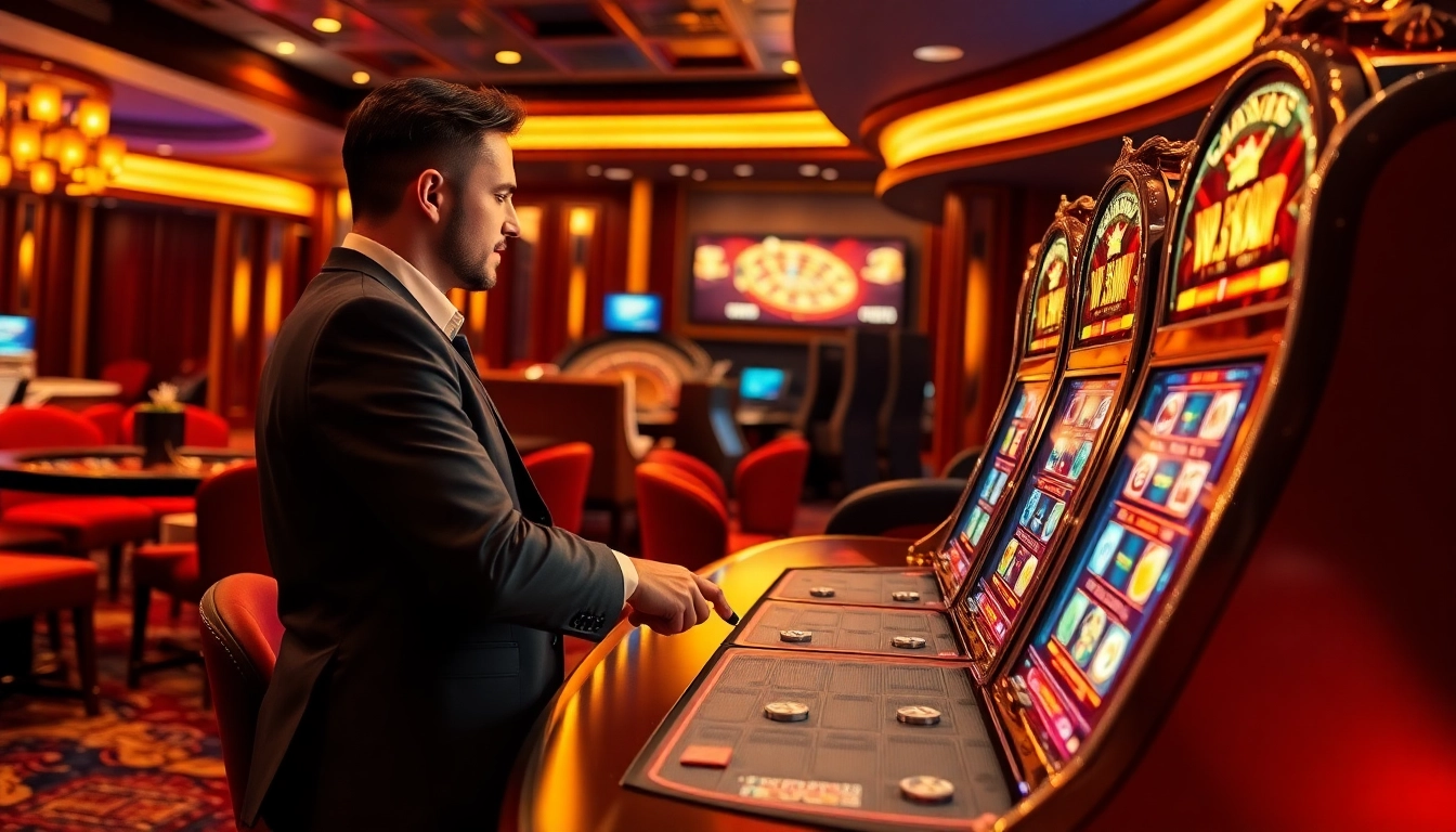Player winning at an exciting idn slot machine amidst a luxurious casino setting.