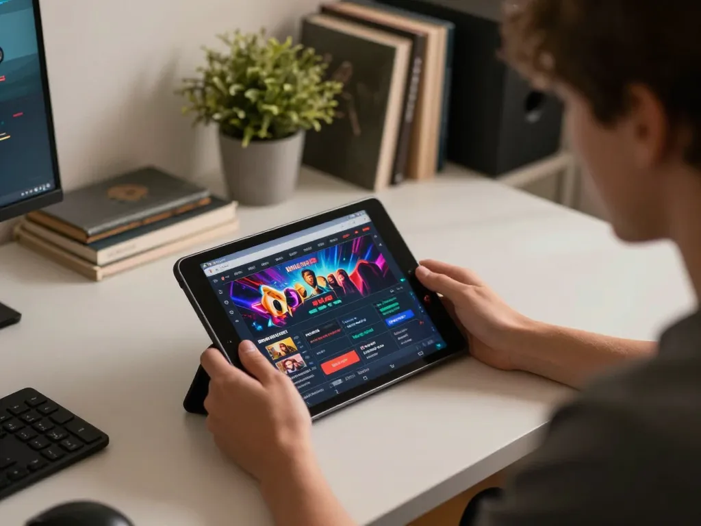 Engaging with MK8 betting platform on a tablet, blending modern tech and comfortable gambling space