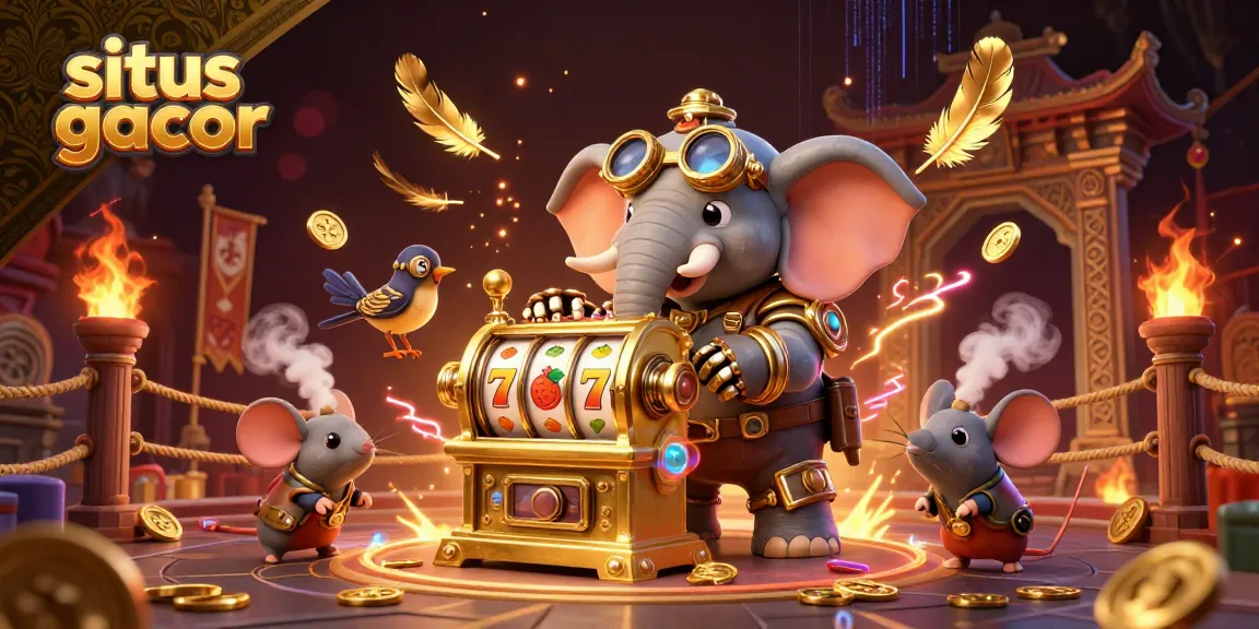 Situs gacor showcases a thrilling steampunk scene with an elephant engineer at a slot machine.