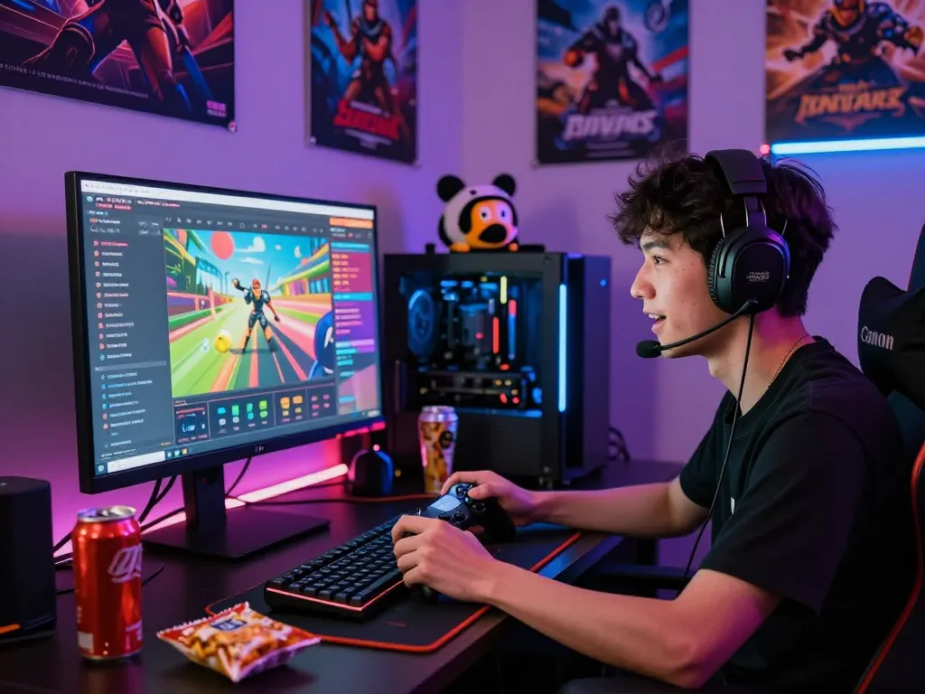 Dewi123 gaming setup showcasing a player fully engaged in an online gaming experience with vibrant RGB lighting.