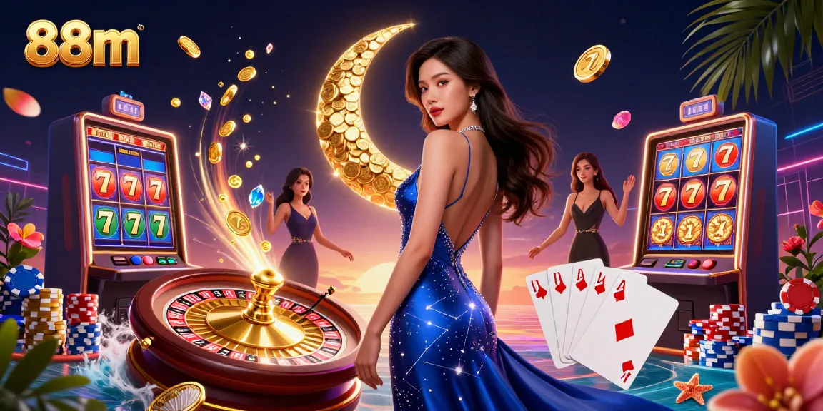 Experience thrilling gameplay with 88m's vibrant casino scene showcasing slot machines and a royal flush.