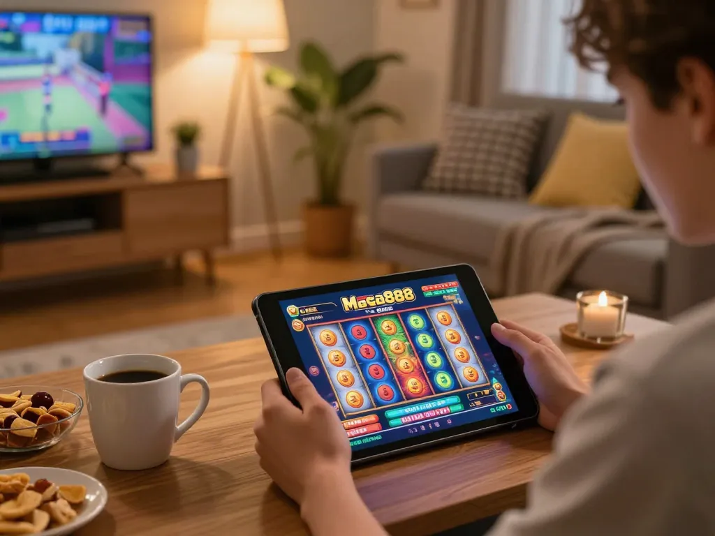 Mega888 Game gameplay on tablet during an enjoyable home gaming session.