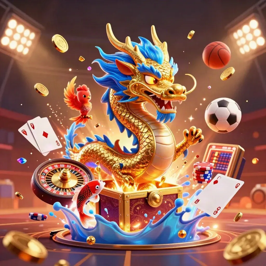 Golden dragon, phoenix, koi, roulette wheel, coins and sports balls exploding in casino glow.