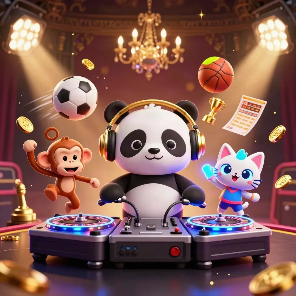 DJ panda, breakdancing monkey, and rave kitten amid flying sports balls and casino lights.