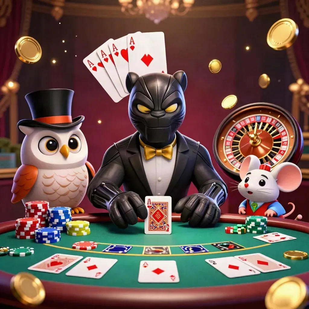 Panther, owl, and mouse deal cards amid chips, aces, and golden casino glow.