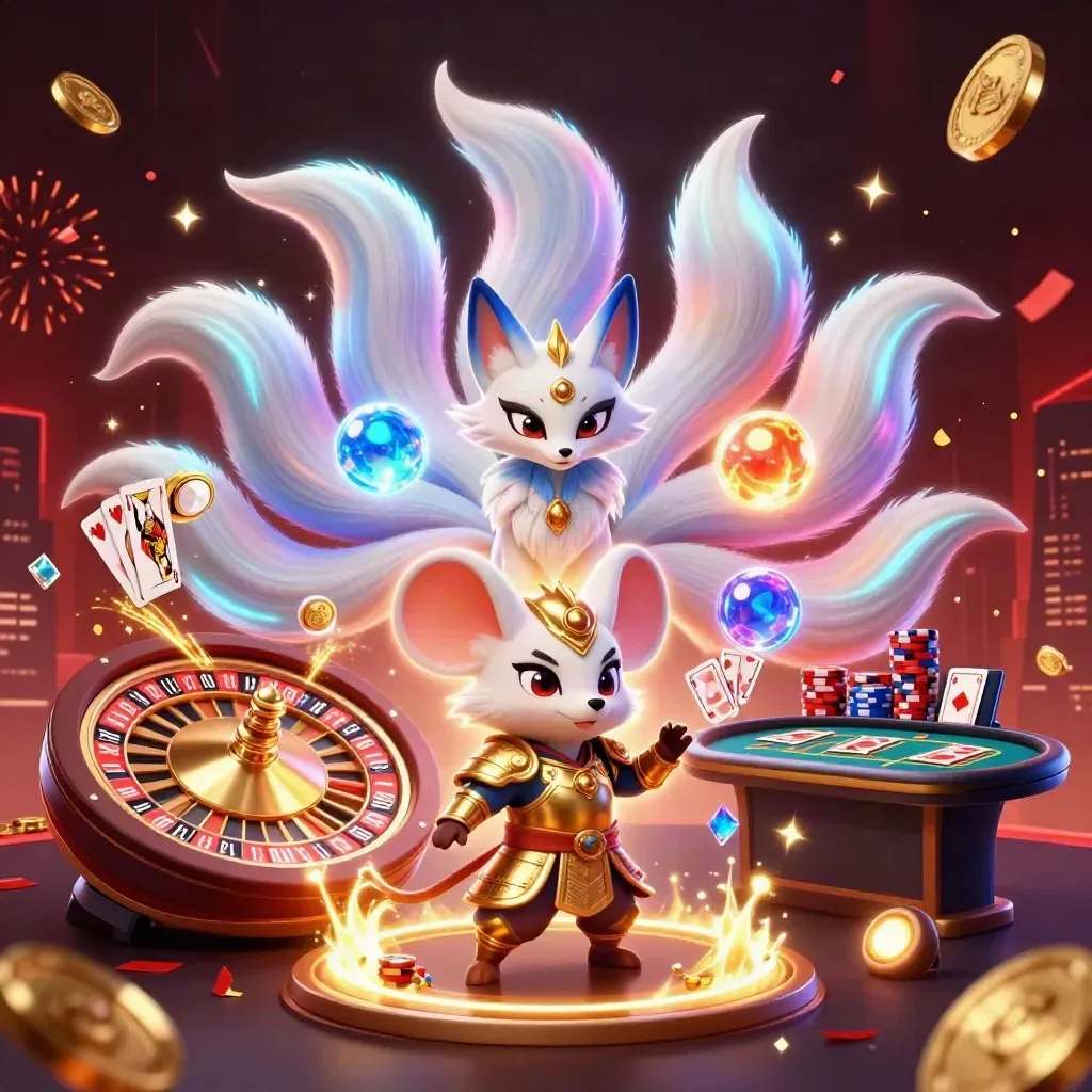 Neon fox spirit and armored mouse amid spinning coins, cards, chips, and casino lights.