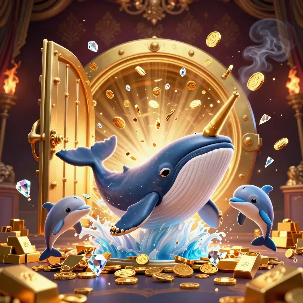 Whale captain, narwhal and dolphins burst from coins around a glowing treasure vault.