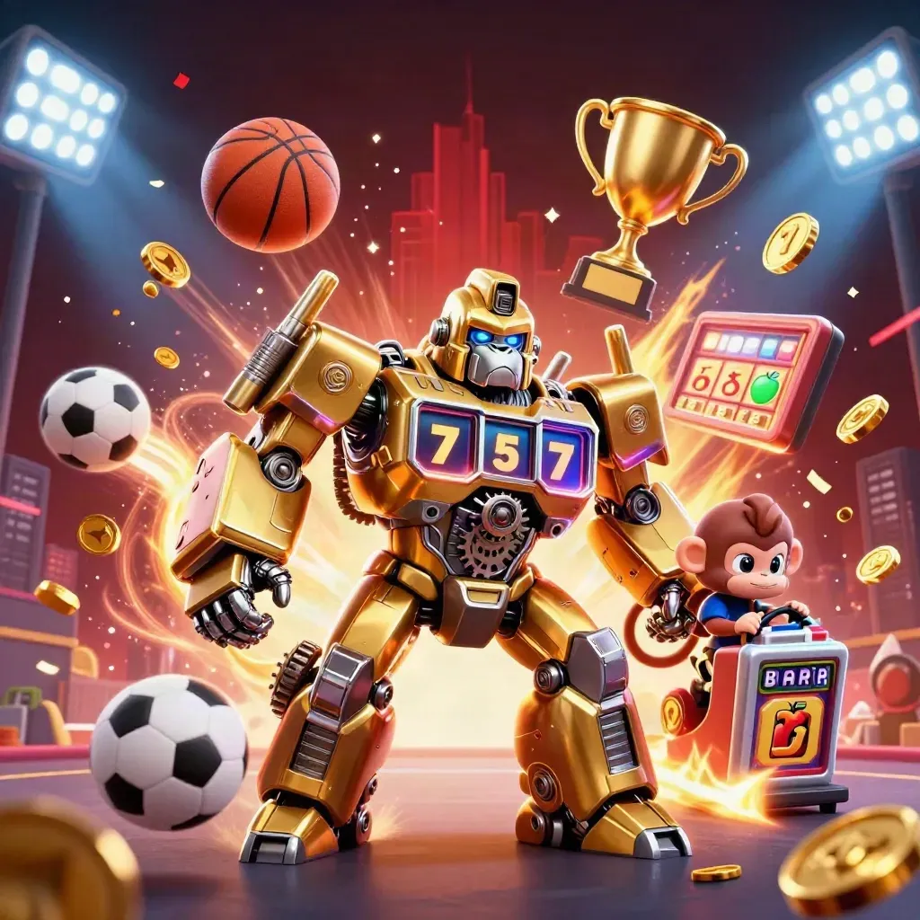 Golden gorilla mech with monkey pilot, sports balls, coins, trophy and neon casino effects.