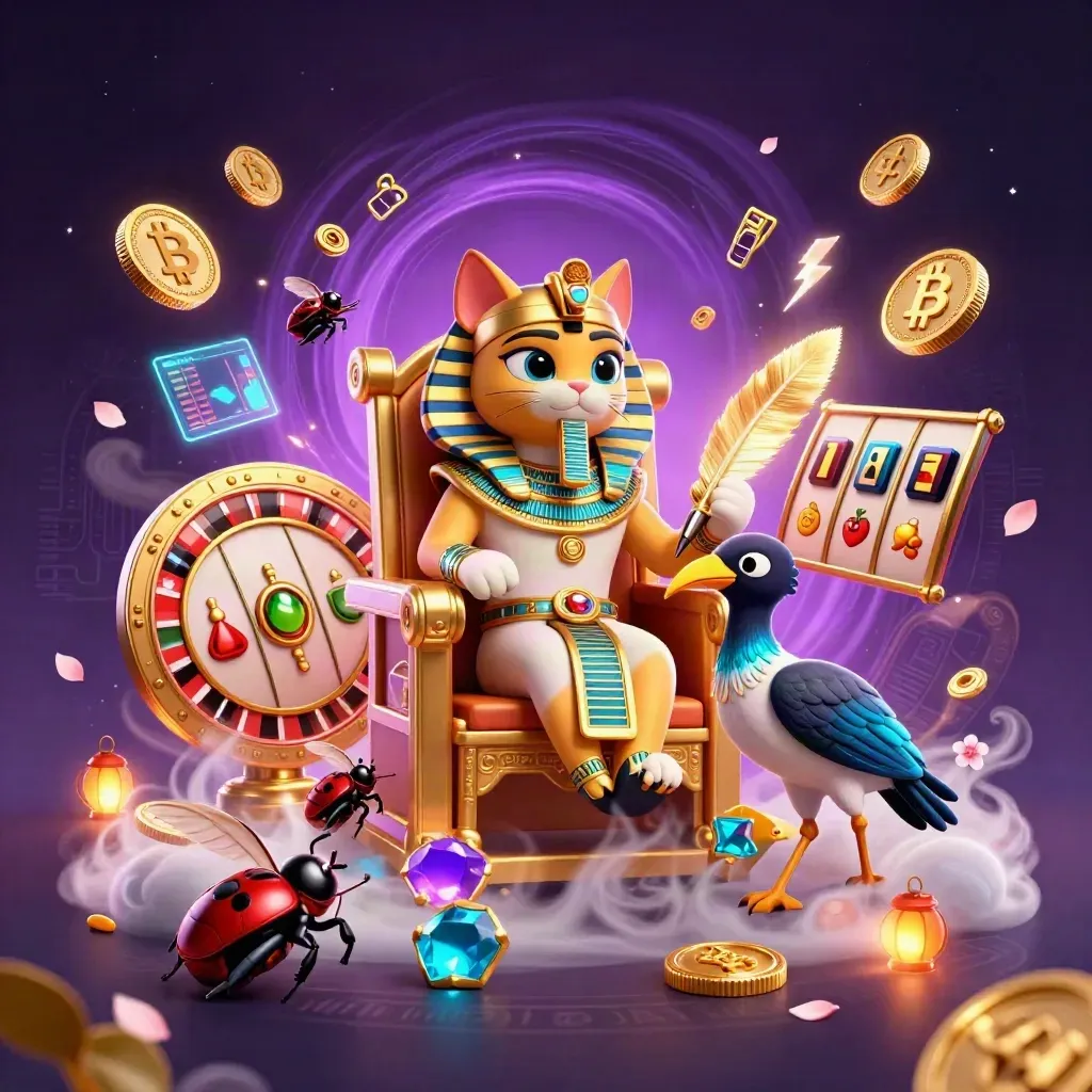 Pharaoh cat, ibis scribe, and scarab beetles amid blue-gold casino magic and crypto coins.