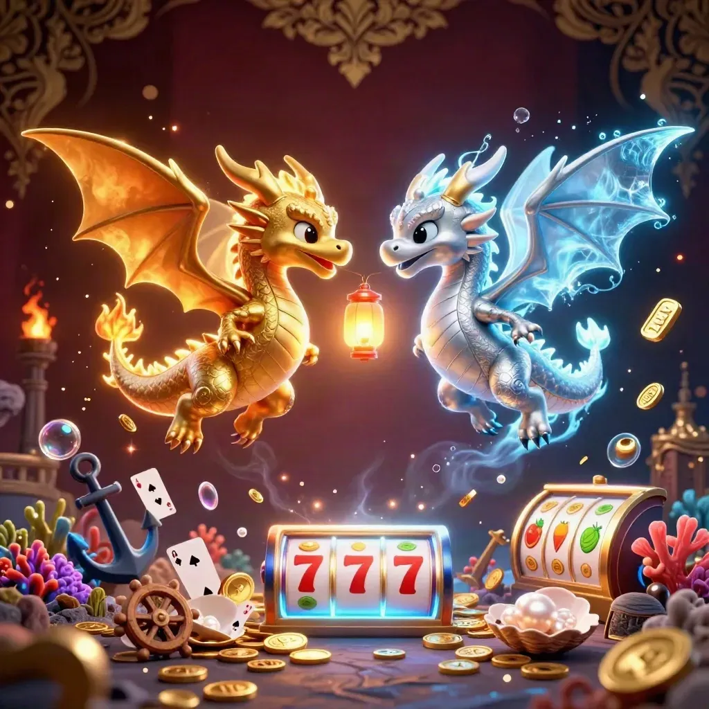 Gold and silver dragons spiral through a treasure cove with coins, coral, and casino props.