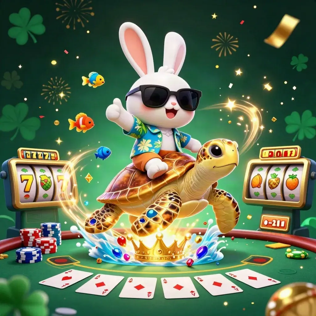 Lucky rabbit rides a golden sea turtle amid casino treasures, chips, cards, sparks, and neon lights.