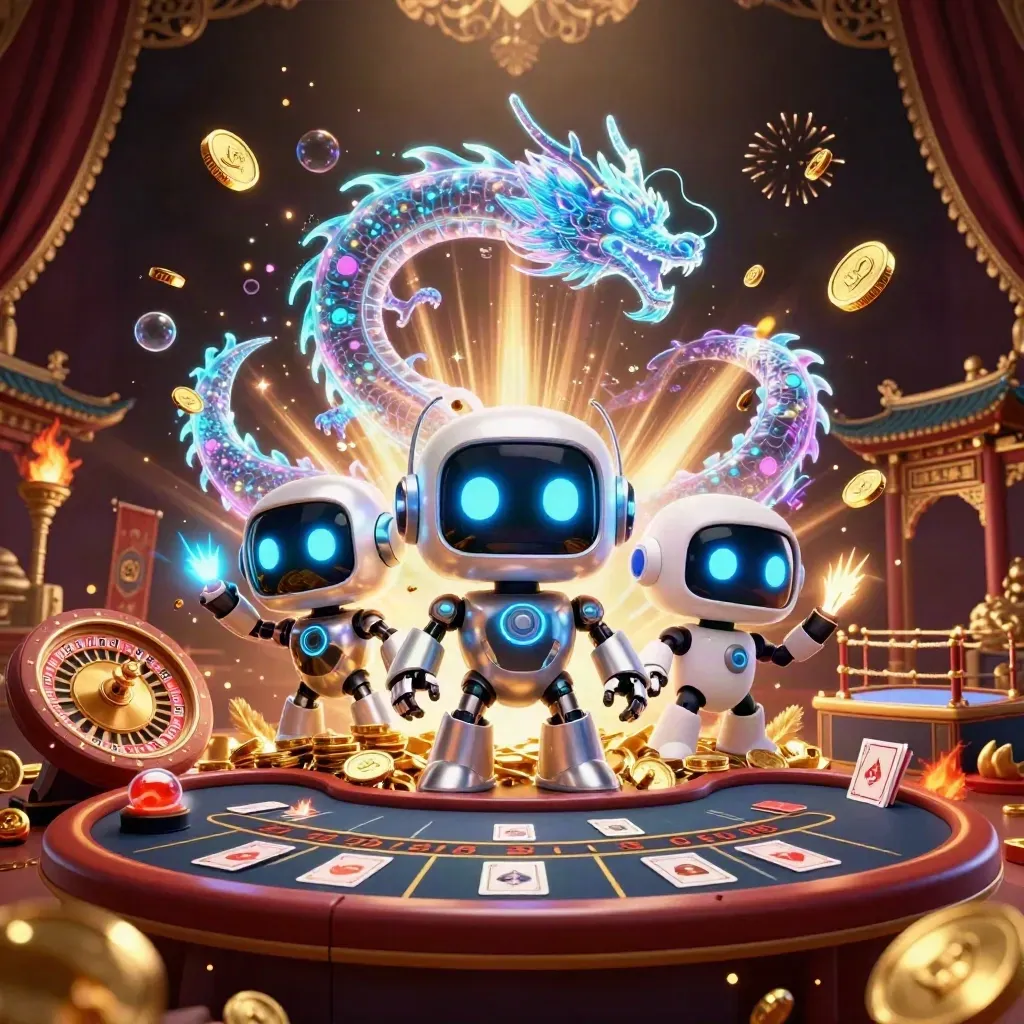 Robot, holographic dragon, and coin drone amid casino treasures, lights, and fireworks.