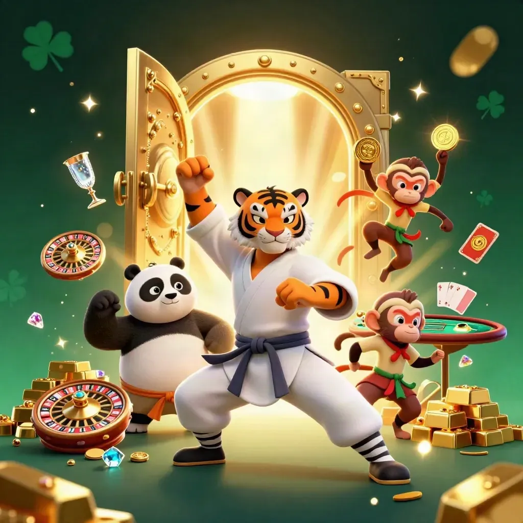 Tiger, panda, and monkey amid a vault blast, gold, gems, roulette spin, and casino lights