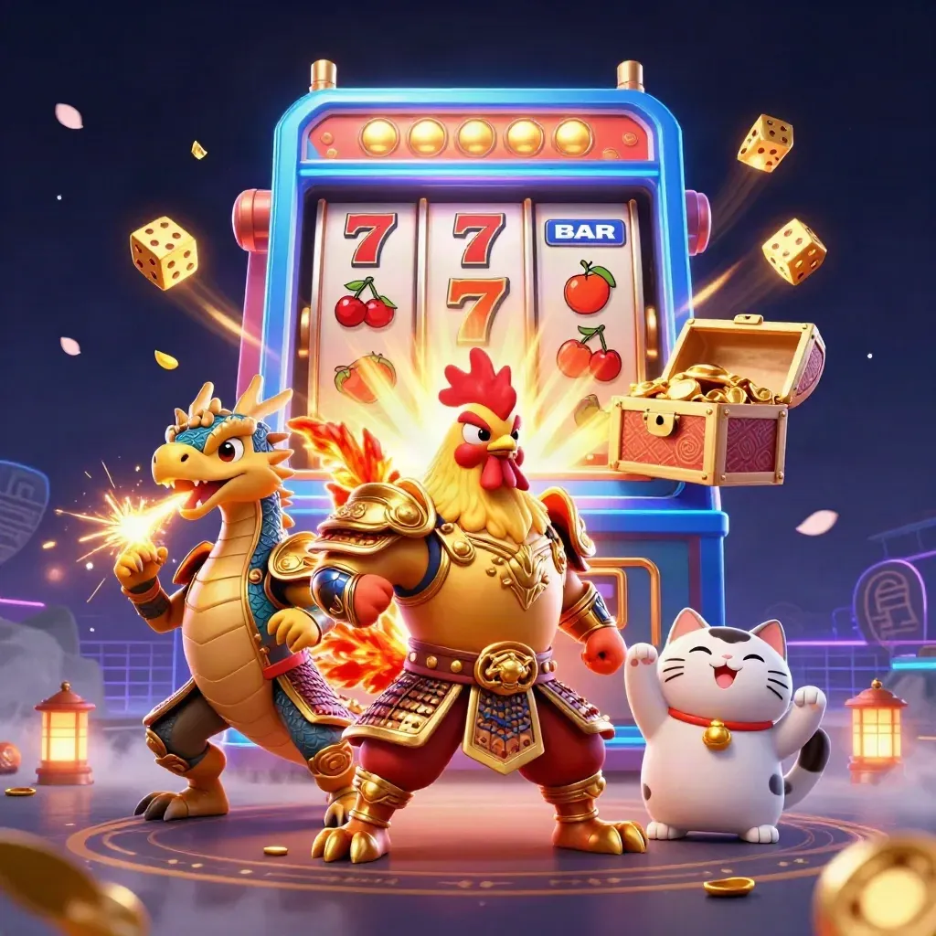 Rooster warrior, dragon hatchling, and lucky cat amid slot-machine jackpot chaos