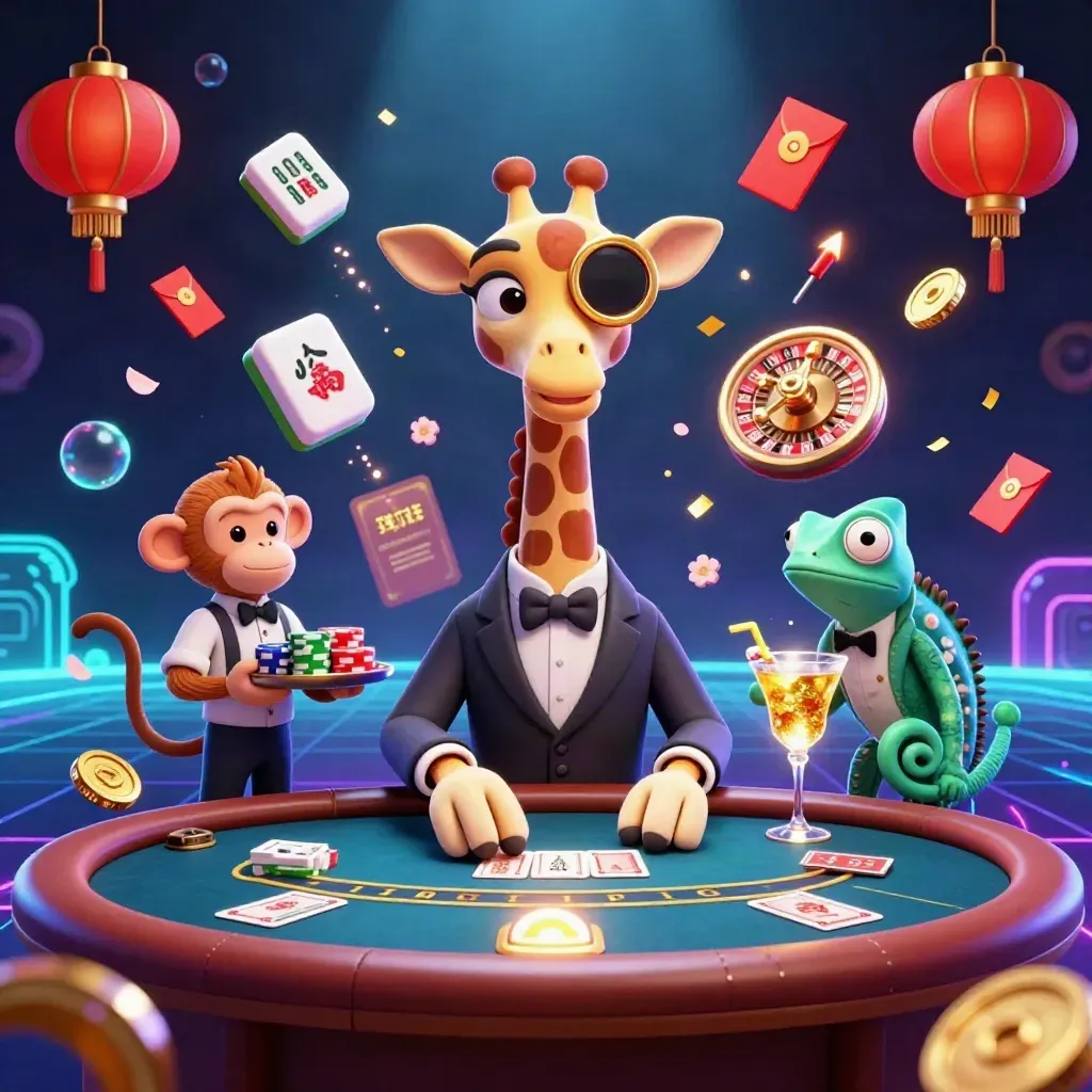 Giraffe, monkey, and chameleon casino heroes amid coins, lanterns, fireworks, and neon glow