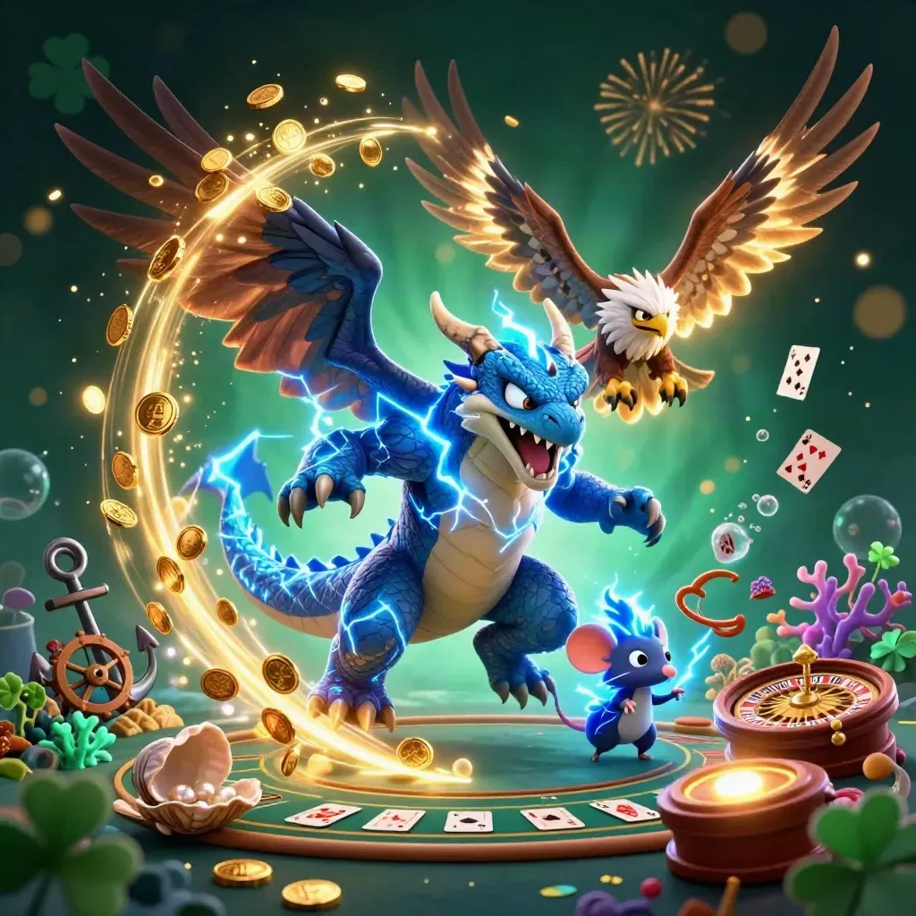 Thunder dragon, wind hawk, and static mouse amid coin showers, treasure cove, roulette and poker glow.