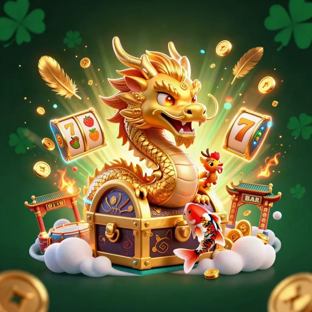Golden dragon with phoenix, koi, chest, coins, reels, and casino magic