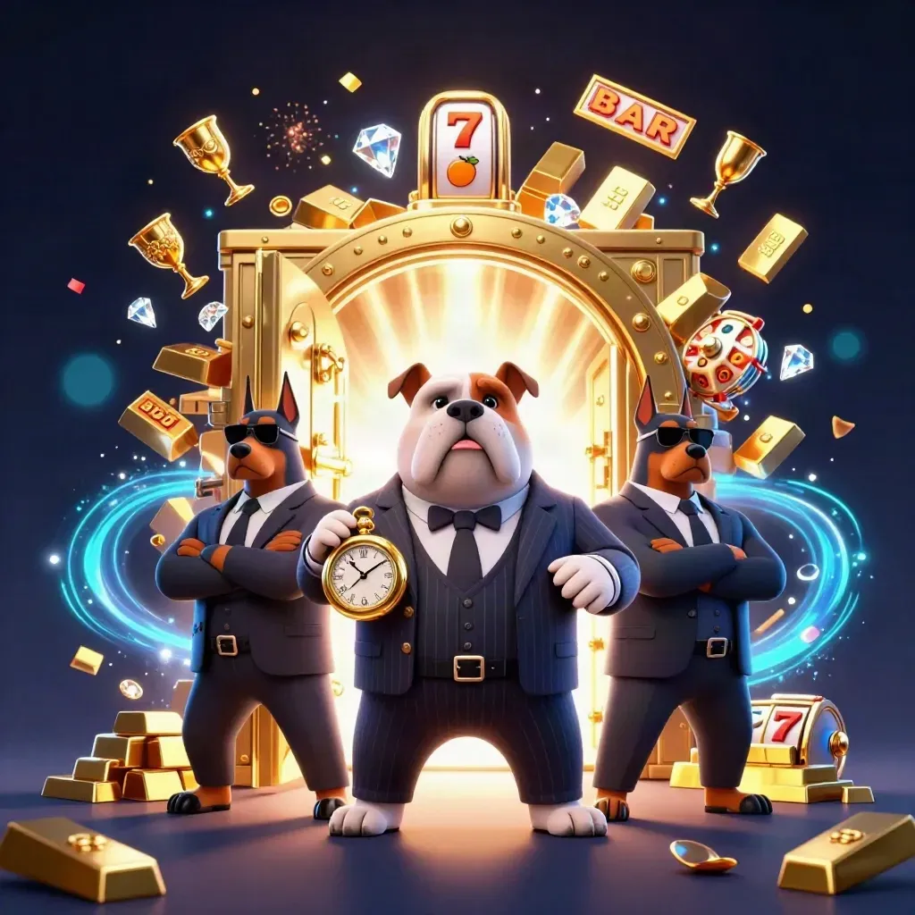 Cartoon bulldog boss with two Dobermans amid a glowing vault, gold reels, and casino loot.