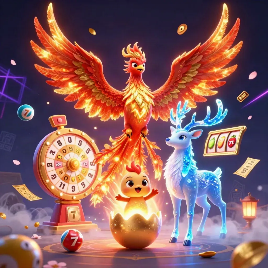 Phoenix, hatching chick and crystal stag amid casino props on a neon grid.