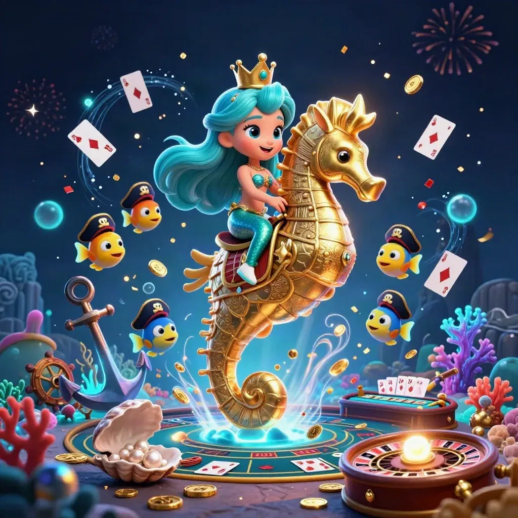 Mermaid princess on a gold-armored seahorse with casino coins, cards, coral, and roulette glow