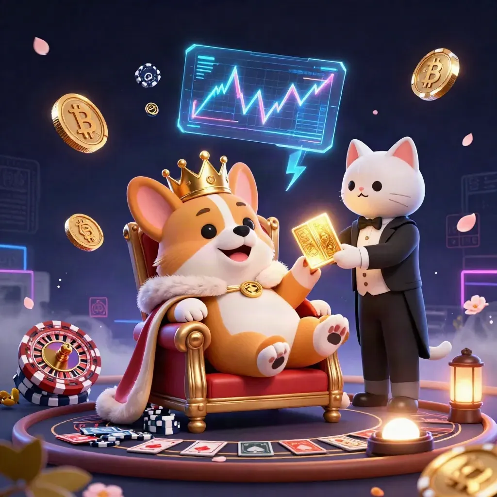 Royal corgi and cat butler amid neon coins, roulette wheel, and casino sparks.