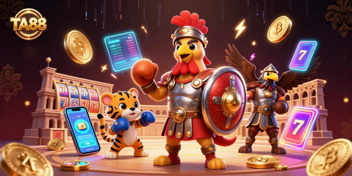 Engage with TA88 casino action featuring a gladiator rooster, Bitcoin coins, and neon elements.