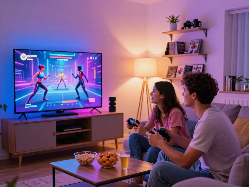 Couple engaging in captivating sex games on a smart TV in a cozy living room.
