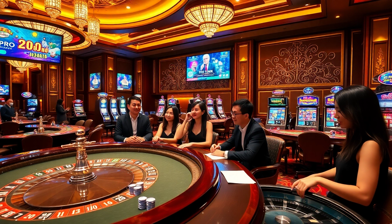 Engaged players enjoying Nổ Hũ games at a luxurious casino with TG88 pro elements.