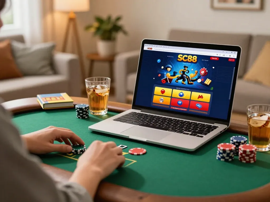 Player engaging with the SC88 online casino platform in a cozy home setup.