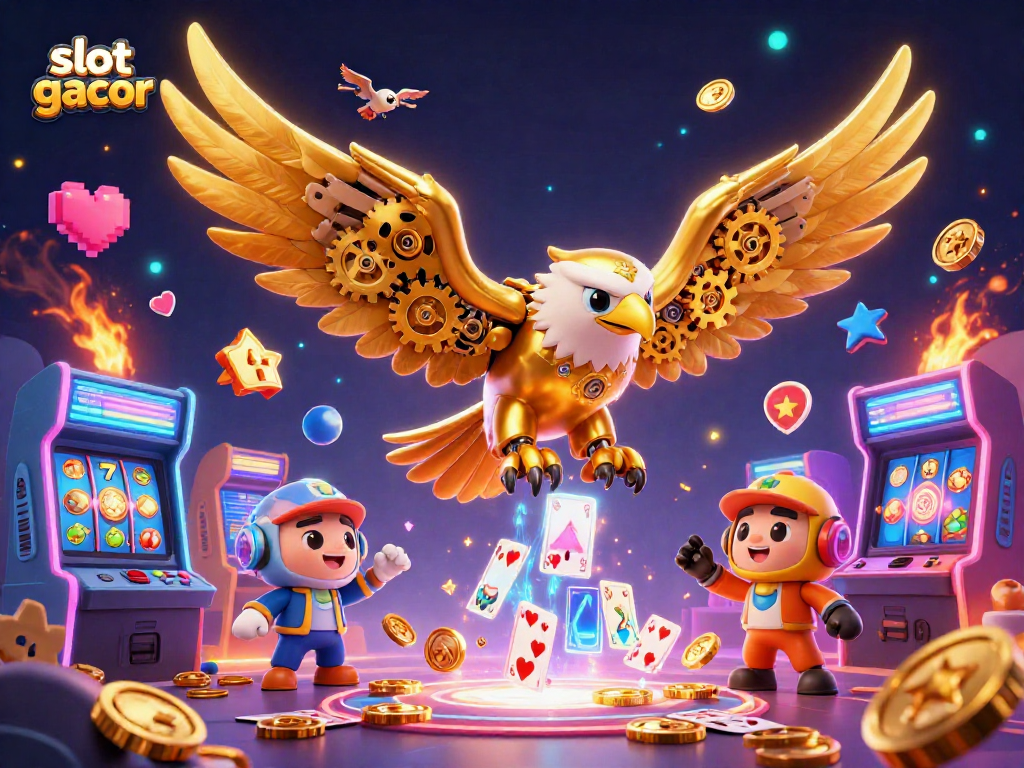 Engage with slot gacor while diving into a vibrant 3D casino illustration featuring golden characters.
