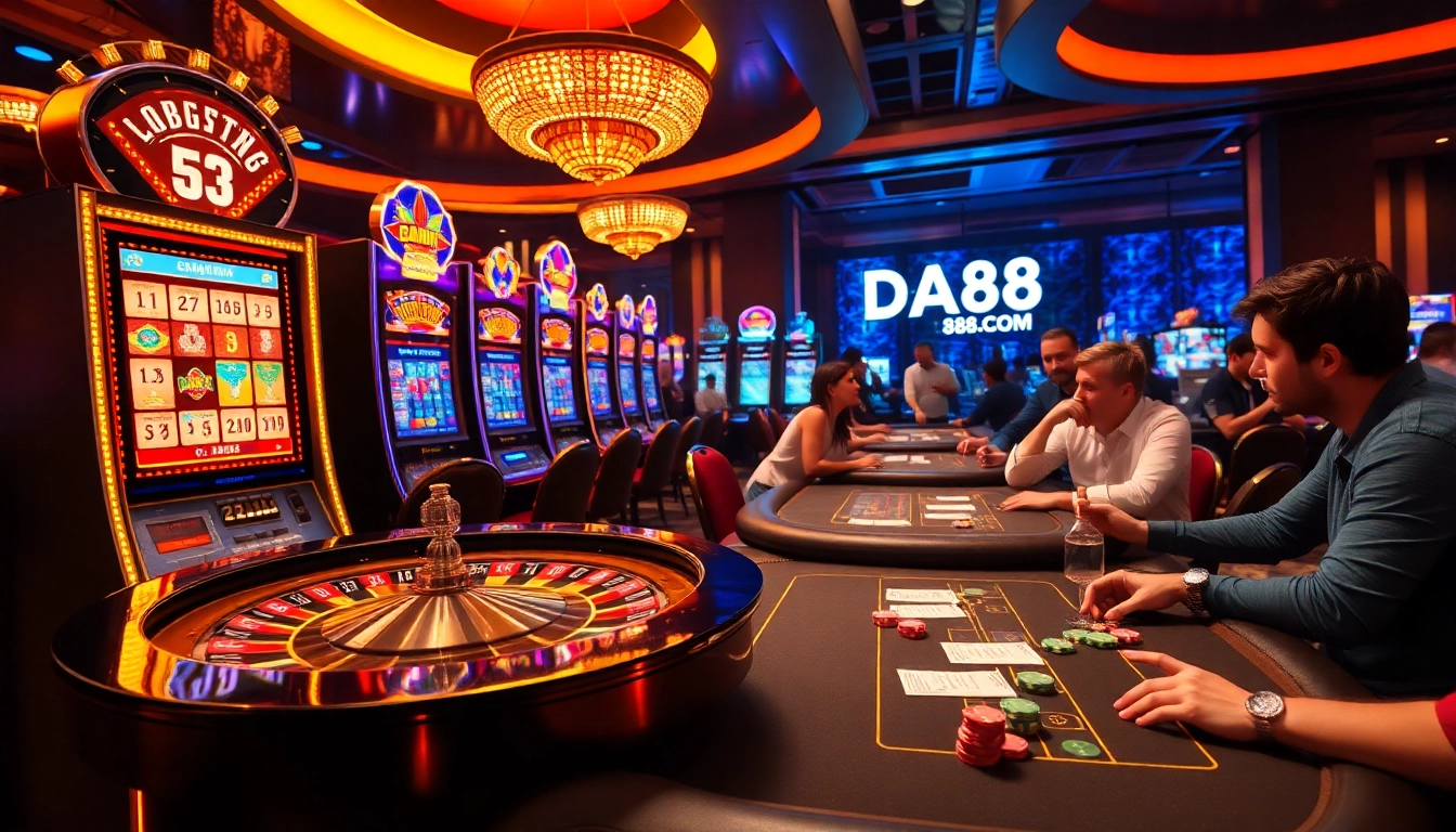 Engage in thrilling gaming action at DA88.COM with vibrant casino tables, cards, and chips.