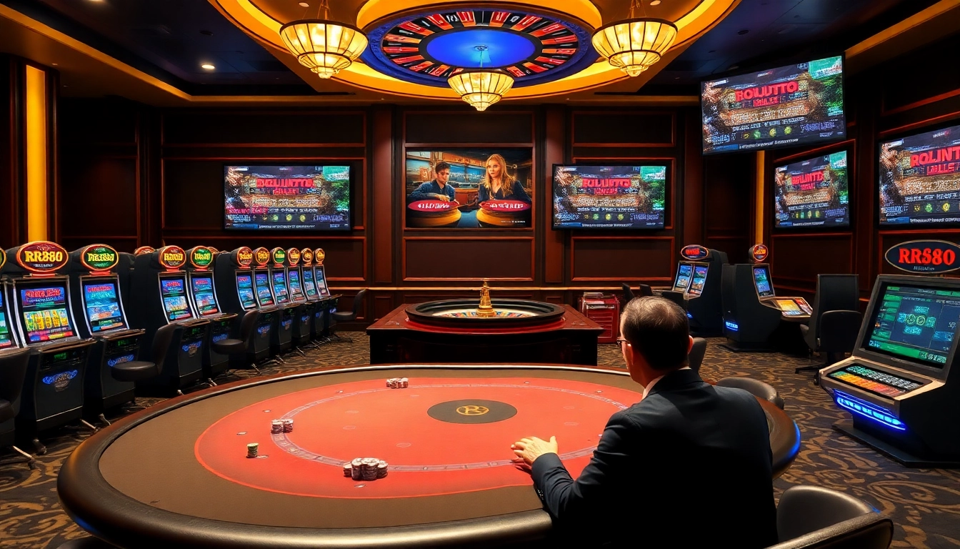 Engaging casino scene featuring rr88 link promotions with poker and slot machines.