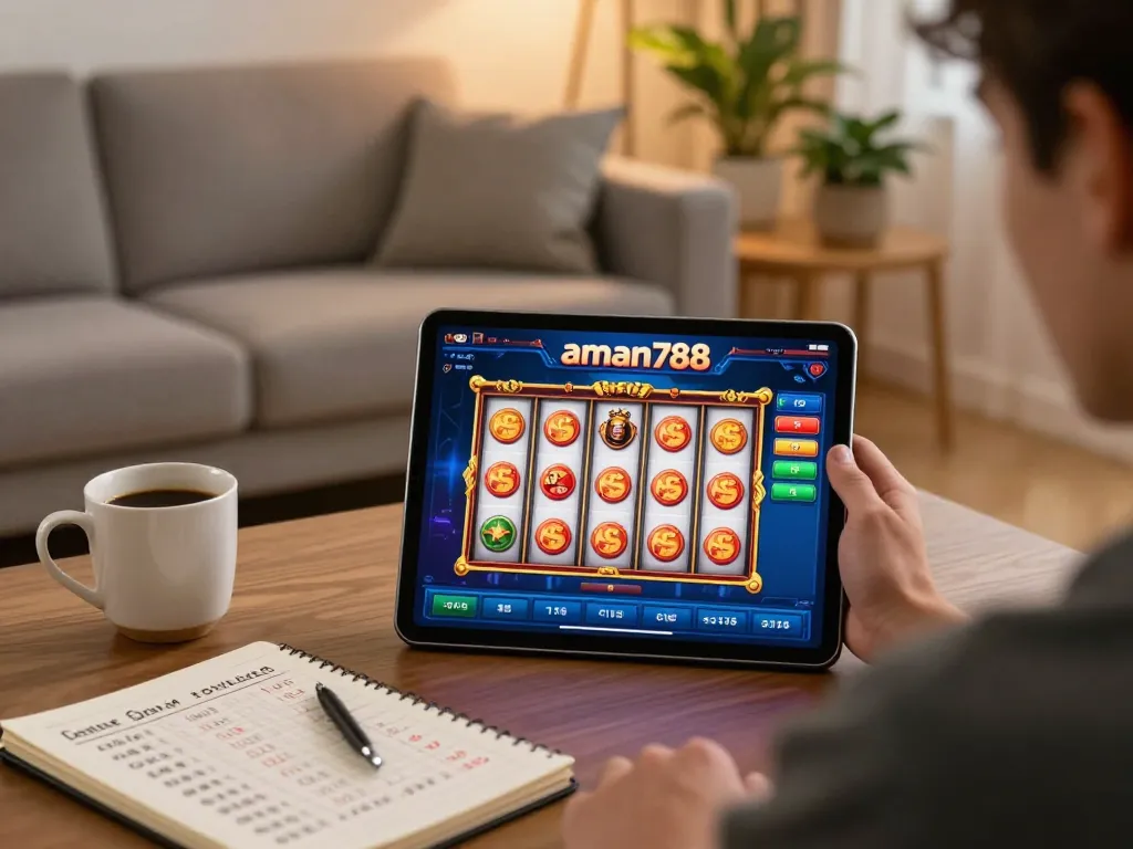 Person enjoying the aman788 slot game on a tablet in a cozy home setting.