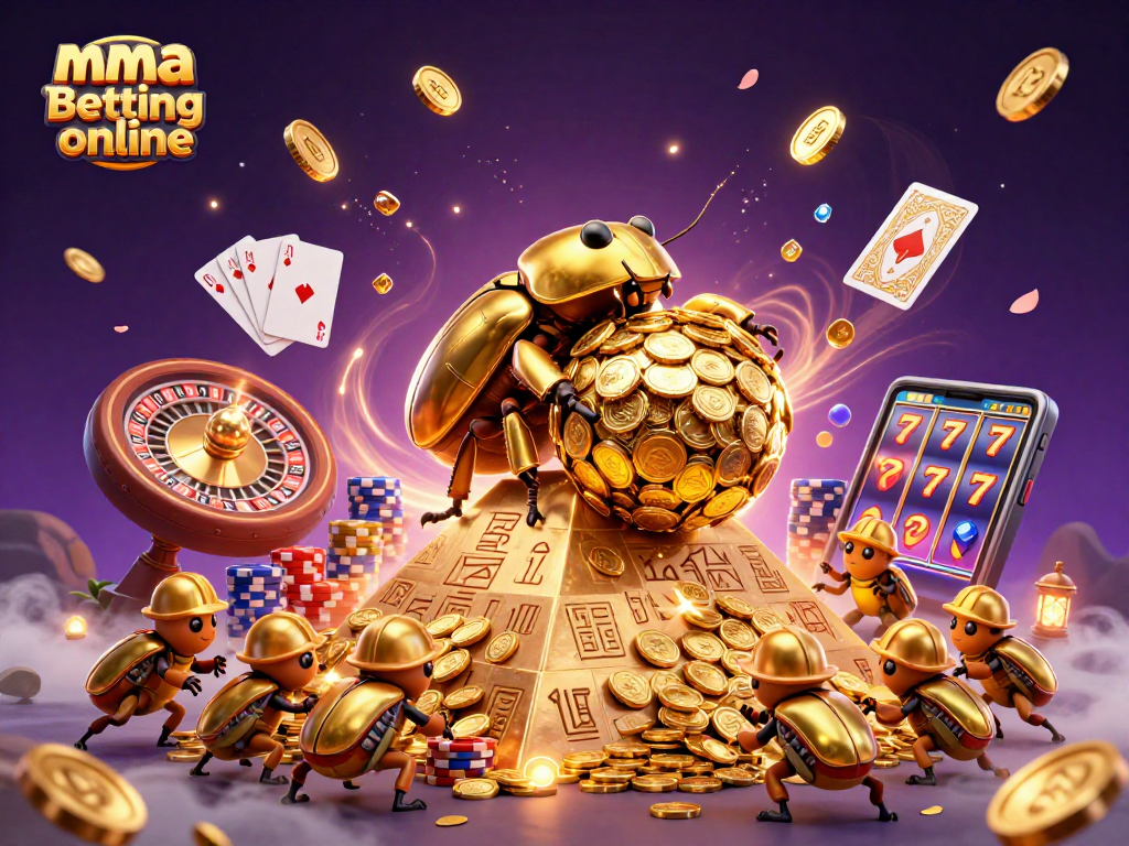 Engage in mma betting online with a vibrant 3D illustration featuring golden coins and casino elements.
