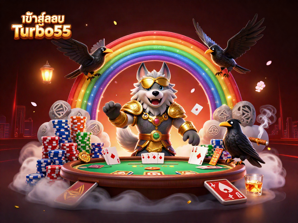 Engage with เข้าสู่ระบบ Turbo55 through a mystical casino scene filled with Norse mythology characters and vibrant game elements.