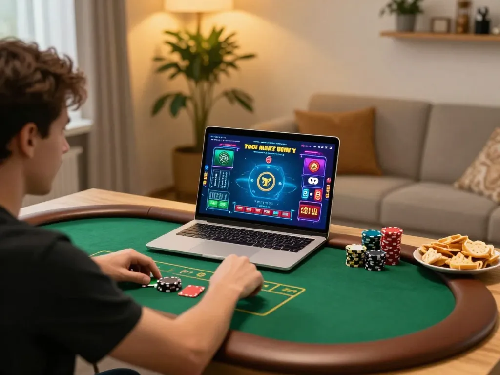 Engaging poker gameplay on https://98winn.net/ showcasing vibrant online gaming with player in cozy home setting.