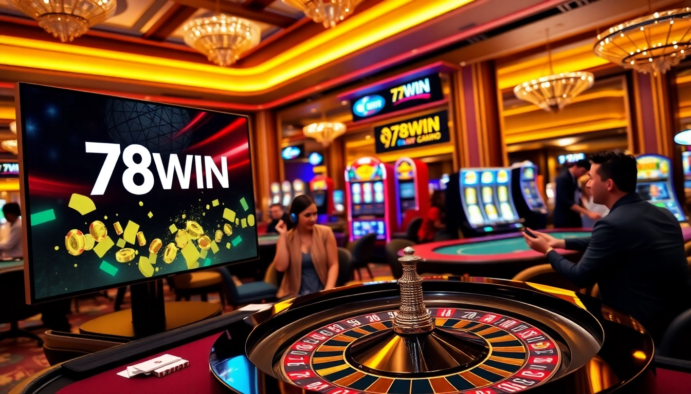 Engaging casino scene with 78WIN interface, poker chips, and roulette wheel, showcasing vibrant gaming.