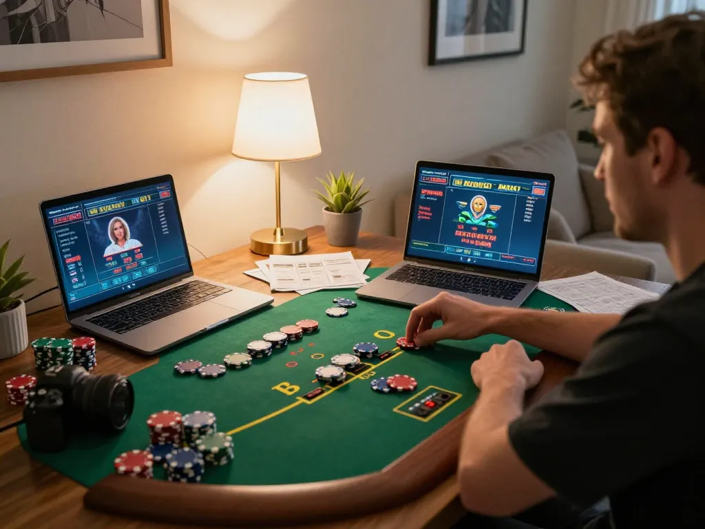 Engaging in online gaming at a trang casino, player focused on live dealer action with poker chips and notes