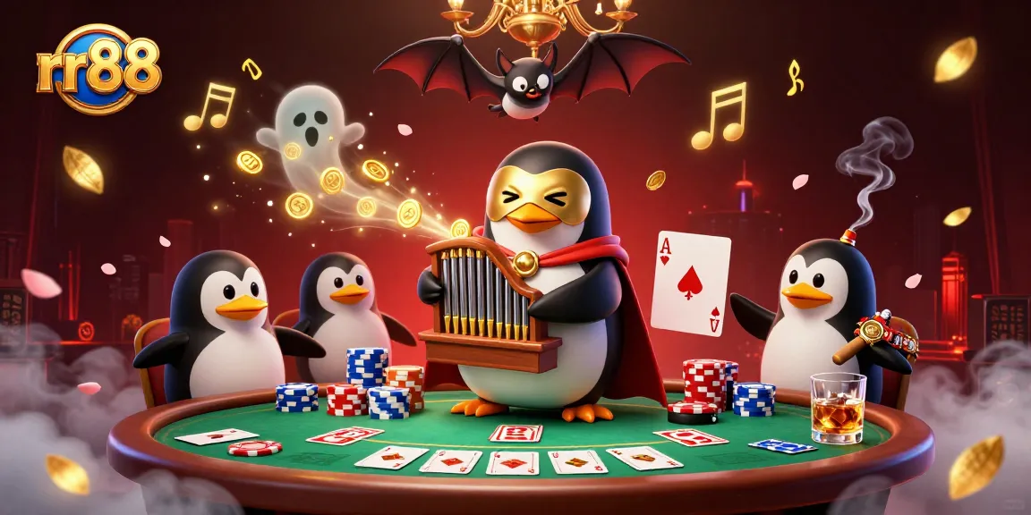 rr88 gaming penguin playing organ with golden coins in lively casino scene