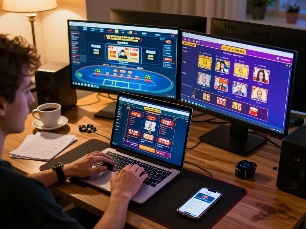 Engaging online gaming session on https://lv88cha.com/ with multiple casino games visible on screens, showcasing a strategic approach.