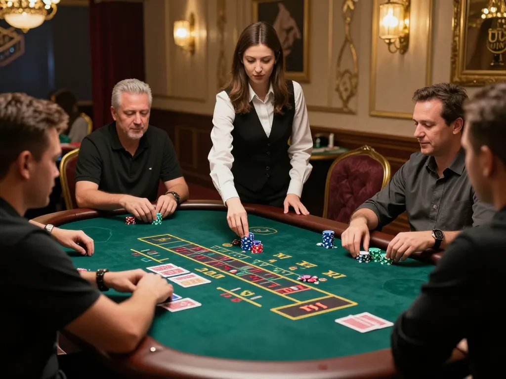 Players engaging in live casino action at trang chủ uu88 with croupier managing bets and vibrant atmosphere