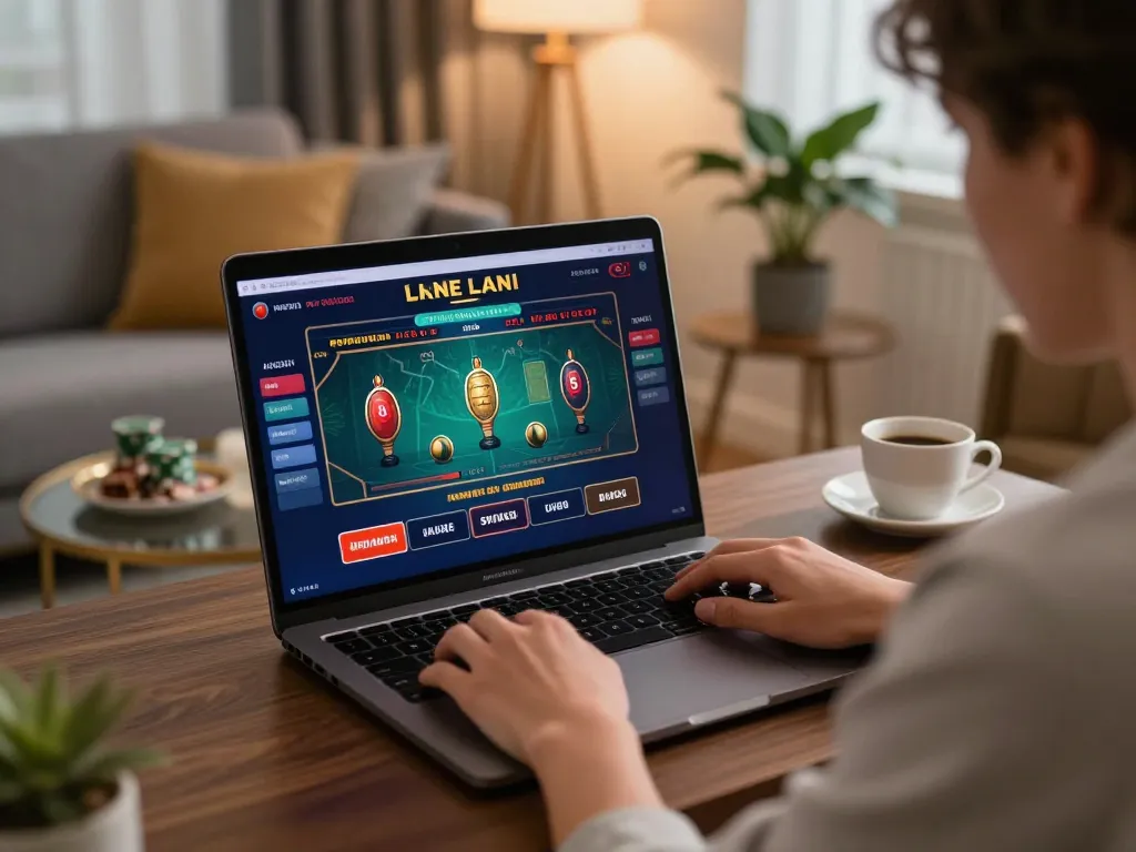 Player immersed in debet game on laptop in stylish home setting, showcasing responsible online gambling.