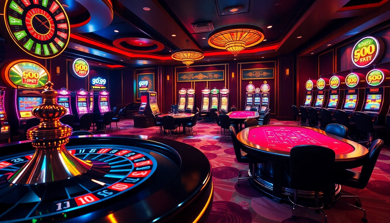 Engaging casino scene with Go 99 branding featuring roulette, poker tables, and slot machines.