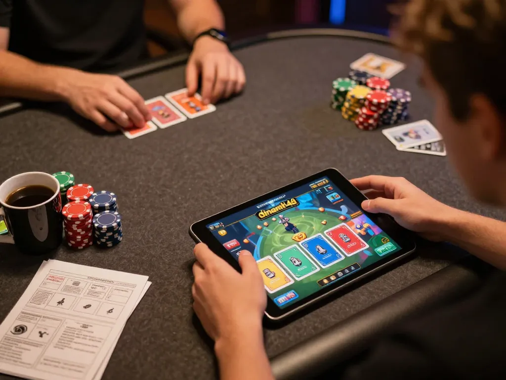Player engaging with dinamit4d online gambling on a tablet in a cozy setup.