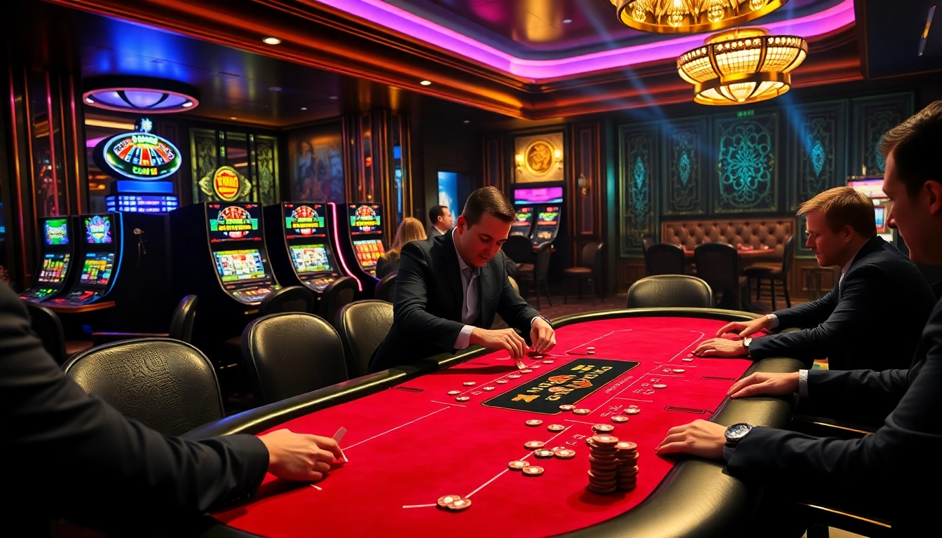 Thrilling gameplay action at Luck8 casino with players and vibrant slot machines.