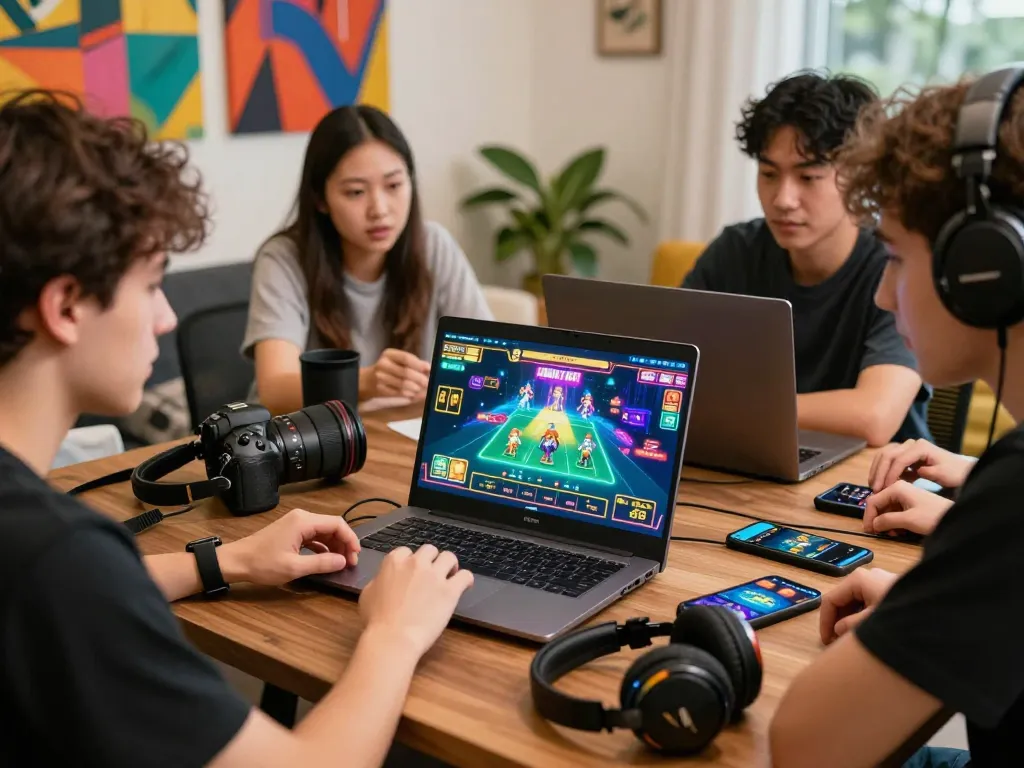 Exciting online gaming experience at MM88.COM with friends gathered around a laptop.