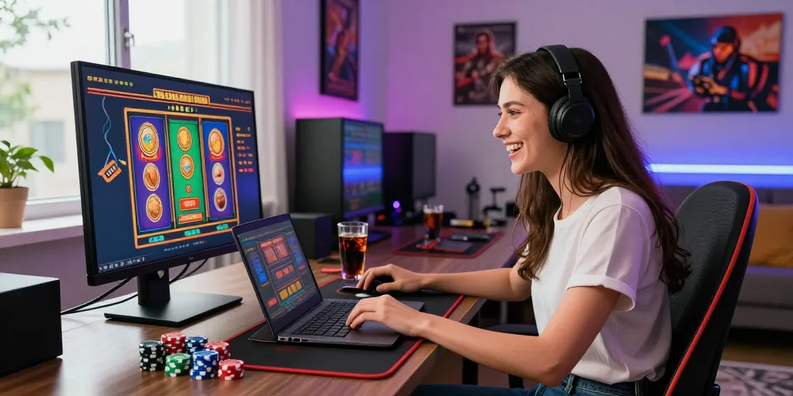 Young woman enjoying credit card casinos while gaming at a stylish home setup with vibrant slot graphics.